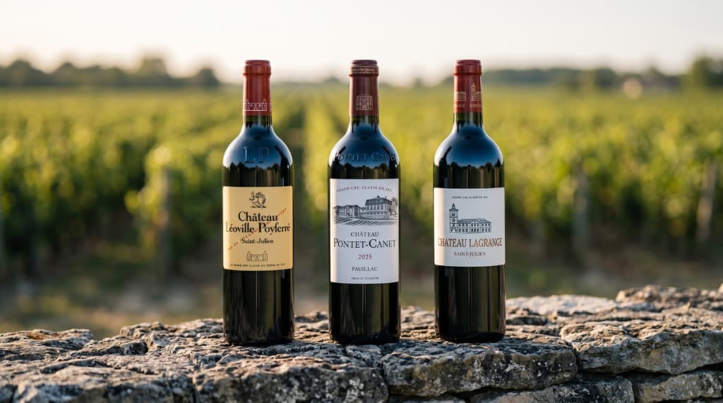 Château Léoville-Poyferré, Château Pontet-Canet and Château Lagrange 2025 bottles against Bordeaux vineyards