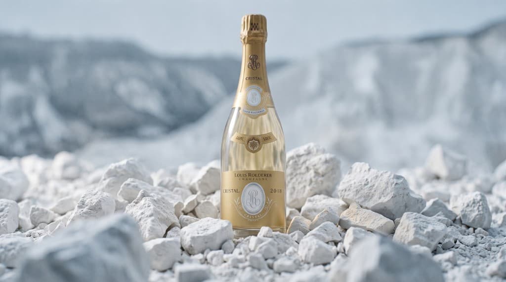 Louis Roederer Cristal 2018 bottle on chalk rocks in Champagne