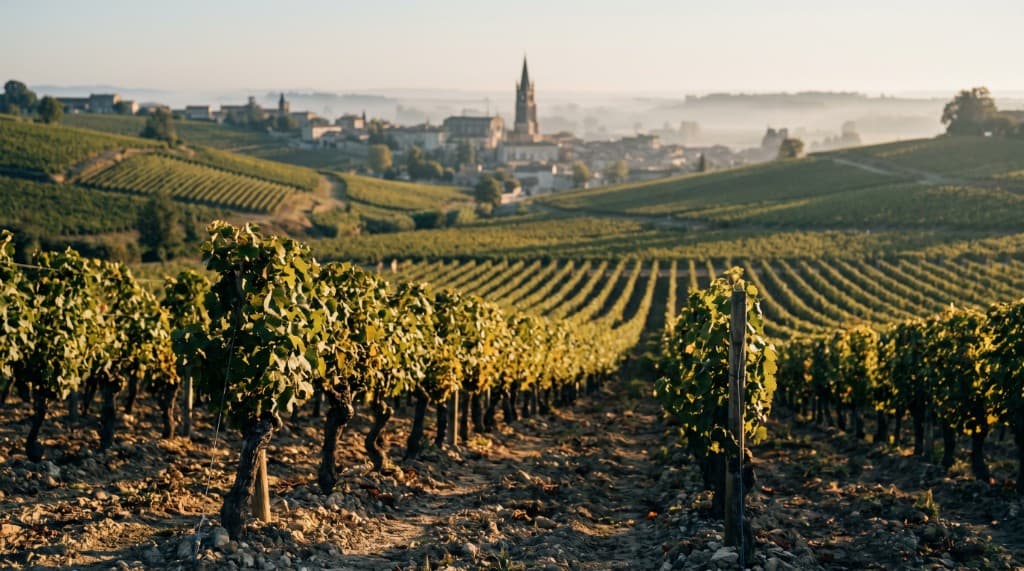 Saint-Émilion vineyards at dawn with the village church in the background