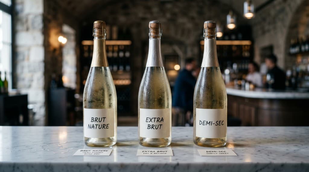 Three champagne bottles labelled Brut Nature, Extra Brut and Demi-Sec on a marble counter