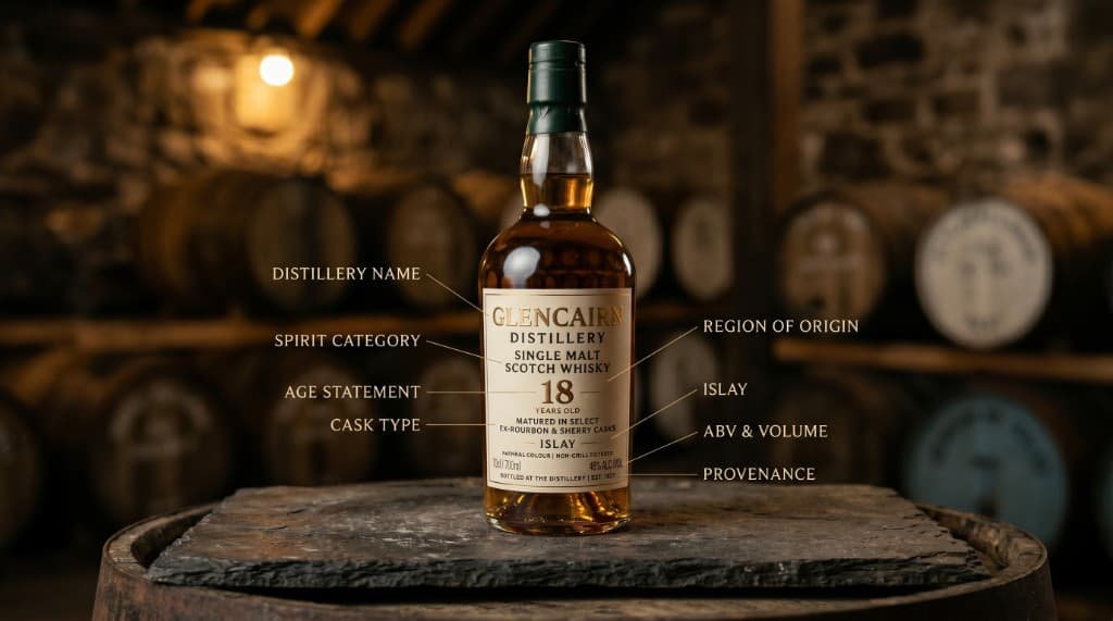 Single malt Scotch whisky bottle label annotated with distillery name, spirit category, age statement, cask type, region and ABV