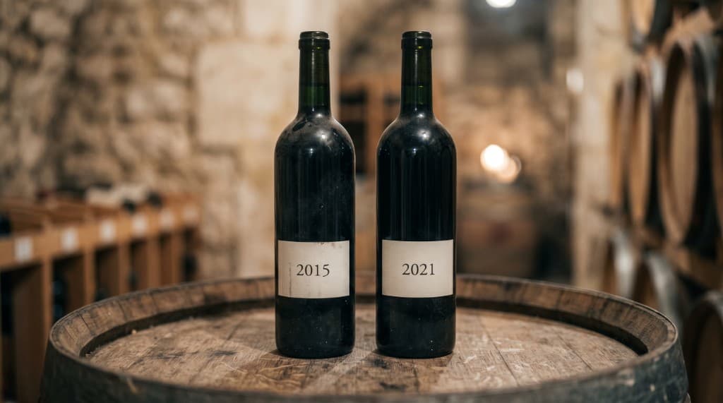 Two red wine bottles from different vintages 2015 and 2021 in a cellar
